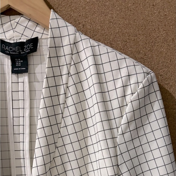 Ruched Cuff, Black Grid Pattern, Shoulder-padded Open Blazer - Picture 2 of 5